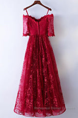 Half Sleeves Burgundy Lace Semi Formal Prom Dresses, Wine Red Half Sleeves Long Lace Formal Evening Dresses