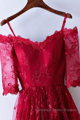 Half Sleeves Burgundy Lace Semi Formal Prom Dresses, Wine Red Half Sleeves Long Lace Formal Evening Dresses