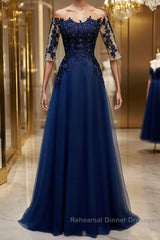 Half Sleeves Navy Blue Long Lace Semi Formal Prom Dresses, Dark Navy Blue Long Lace Formal Bridesmaid Dresses