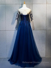 Half Sleeves Navy Blue Long Lace Semi Formal Prom Dresses, Dark Navy Blue Long Lace Formal Bridesmaid Dresses