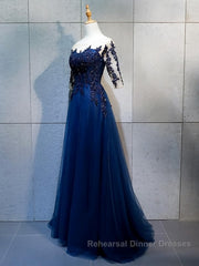 Half Sleeves Navy Blue Long Lace Semi Formal Prom Dresses, Dark Navy Blue Long Lace Formal Bridesmaid Dresses