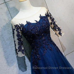 Half Sleeves Navy Blue Long Lace Semi Formal Prom Dresses, Dark Navy Blue Long Lace Formal Bridesmaid Dresses