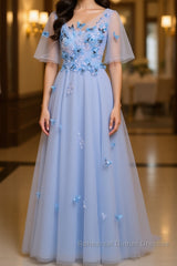 Half Sleeves Round Neck Blue Floral Long Semi Formal Prom Dresses, Blue Long Formal Evening Dresses with Flower