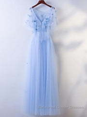 Half Sleeves Round Neck Blue Floral Long Semi Formal Prom Dresses, Blue Long Formal Evening Dresses with Flower