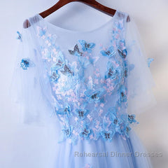 Half Sleeves Round Neck Blue Floral Long Semi Formal Prom Dresses, Blue Long Formal Evening Dresses with Flower