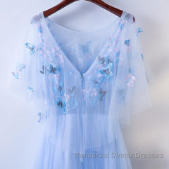 Half Sleeves Round Neck Blue Floral Long Semi Formal Prom Dresses, Blue Long Formal Evening Dresses with Flower