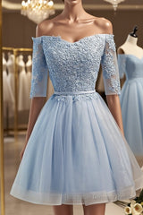 Half Sleeves Short Lace Semi Formal Prom Dresses, Short Lace Homecoming Bridesmaid Dresses