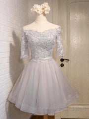 Half Sleeves Short Lace Semi Formal Prom Dresses, Short Lace Homecoming Bridesmaid Dresses