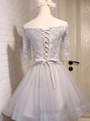 Half Sleeves Short Lace Semi Formal Prom Dresses, Short Lace Homecoming Bridesmaid Dresses