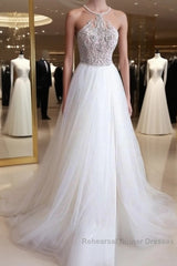 Halter Illusion neck High split A line Tulle Princess Wedding Dresses