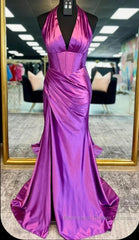 Halter Mermaid Long Semi Formal Prom Dress With Open Back