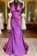 Halter Mermaid Long Semi Formal Prom Dress With Open Back