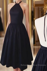 Halter Neck Backless Black Short Semi Formal Prom Dresses, Black Homecoming Dresses