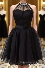 Halter Neck Backless Black Short Semi Formal Prom Dresses, Open Back Black Homecoming Dresses