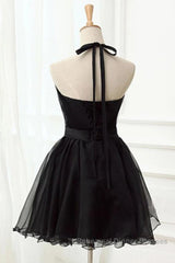 Halter Neck Backless Black Short Semi Formal Prom Dresses, Open Back Black Homecoming Dresses