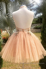 Halter Neck Backless Champagne 3D Floral Short Semi Formal Prom Dresses, Backless Champagne Formal Graduation Homecoming Dresses