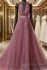 Halter Neck Backless Lace Semi Formal Prom Dresses, Open Back Halter Neck Lace Formal Evening Dresses