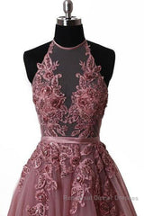 Halter Neck Backless Lace Semi Formal Prom Dresses, Open Back Halter Neck Lace Formal Evening Dresses