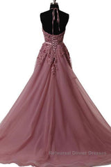 Halter Neck Backless Lace Semi Formal Prom Dresses, Open Back Halter Neck Lace Formal Evening Dresses