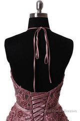 Halter Neck Backless Lace Semi Formal Prom Dresses, Open Back Halter Neck Lace Formal Evening Dresses