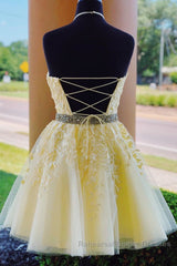 Halter Neck Backless Short Yellow Lace Semi Formal Prom Dresses, Yellow Lace Formal Graduation Homecoming Dresses