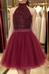 Halter Neck Open Back Beaded Burgundy Semi Formal Prom Dresses, Backless Burgundy Homecoming Dresses, Short Burgundy Formal Evening Dresses