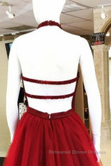 Halter Neck Open Back Beaded Burgundy Semi Formal Prom Dresses, Backless Burgundy Homecoming Dresses, Short Burgundy Formal Evening Dresses