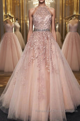 Halter Neck Pink Lace Long Semi Formal Prom Dresses with Belt, Pink Lace Formal Dresses, Pink Evening Dresses