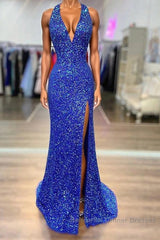 Halter Neck Royal Blue Long Semi Formal Prom Dresses, Shiny Royal Blue Long Formal Evening Dresses