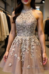 Halter Neck Short Champagne Lace Semi Formal Prom Dresses, Champagne Lace Formal Graduation Homecoming Dresses