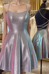 Halter Neck Short Purple Semi Formal Prom Dresses with Cross Back, Backless Short Purple Formal Homecoming Dresses