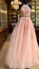 Halter Pink Lace Semi Formal Prom Dress With Appliques,