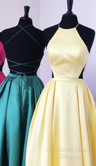 Halter Semi Formal Prom Long Satin Gown Dresses Lace Up Back