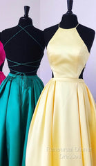 Halter Semi Formal Prom Long Satin Gown Dresses Lace Up Back