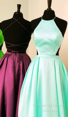 Halter Semi Formal Prom Long Satin Gown Dresses Lace Up Back
