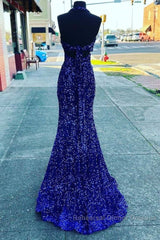 Halter Royal Blue Sequin Evening Dresses Uk Long Semi Formal Prom Dress
