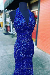 Halter Royal Blue Sequin Evening Dresses Uk Long Semi Formal Prom Dress