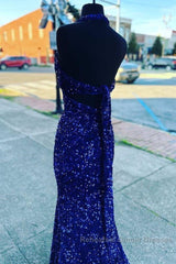 Halter Royal Blue Sequin Evening Dresses Uk Long Semi Formal Prom Dress