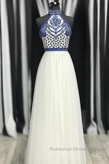 Halter Scoop Neck Tulle Floor-Length Semi Formal Prom Dresses
