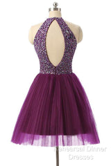 Halter Sleeveless Short Purple Homecoming Dresses Semi Formal Prom Dresses