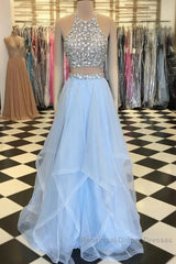 Halter Two Piece Beading Blue Ruffles Tulle Semi Formal Prom Dress