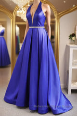 Halter V Neck Backless Blue Long Semi Formal Prom Dresses with Belt, Backless Blue Formal Evening Dresses