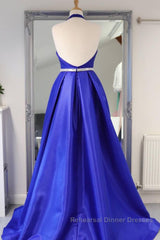 Halter V Neck Backless Blue Long Semi Formal Prom Dresses with Belt, Backless Blue Formal Evening Dresses