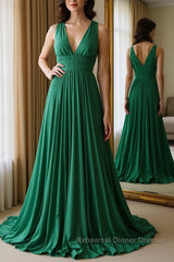 Halter V Neck Backless Emerald Green Satin Long Semi Formal Prom Dresses, Backless Emerald Green Formal Graduation Evening Dresses