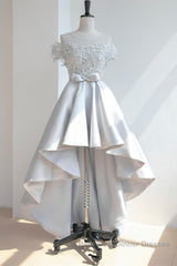 High Low Off Shoulder Gray Lace Semi Formal Prom Dresses, Off the Shoulder Gray Homecoming Dresses, Gray Lace Formal Evening Dresses