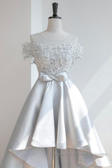 High Low Off Shoulder Gray Lace Semi Formal Prom Dresses, Off the Shoulder Gray Homecoming Dresses, Gray Lace Formal Evening Dresses