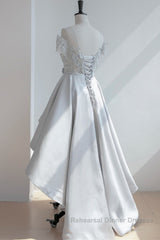 High Low Off Shoulder Gray Lace Semi Formal Prom Dresses, Off the Shoulder Gray Homecoming Dresses, Gray Lace Formal Evening Dresses