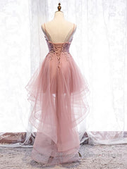 High Low Pink Lace Semi Formal Prom Dresses, Pink High Low Formal Graduation Homecoming Dresses