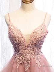 High Low Pink Lace Semi Formal Prom Dresses, Pink High Low Formal Graduation Homecoming Dresses