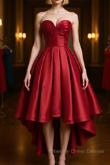 High Low Sweetheart Neck Strapless Backless Satin Red Semi Formal Prom Dresses, Red Graduation Dresses, Red Backless Formal Evening Dresses